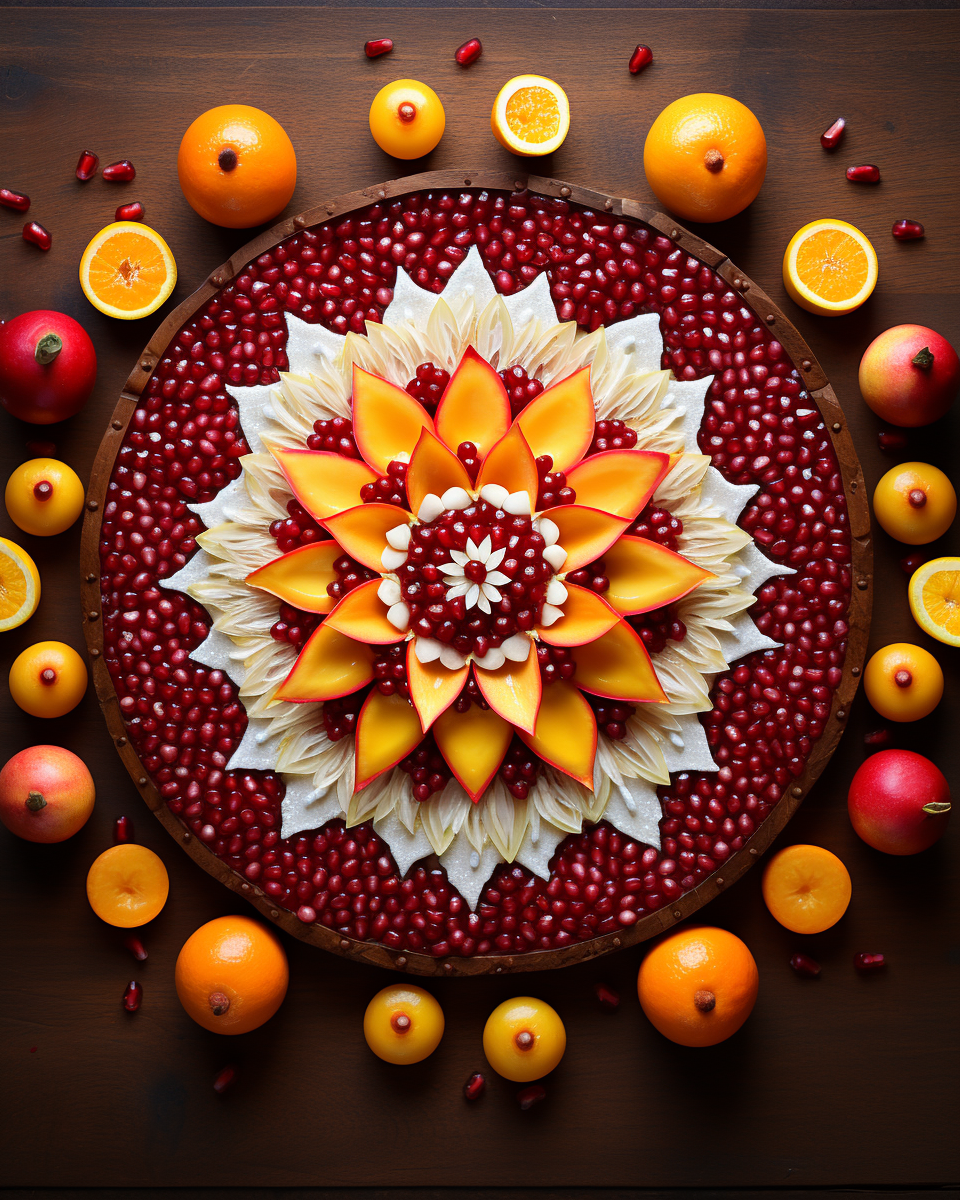 Diwali Mandala with Mango, Pomegranate Seeds, and Red Cherries