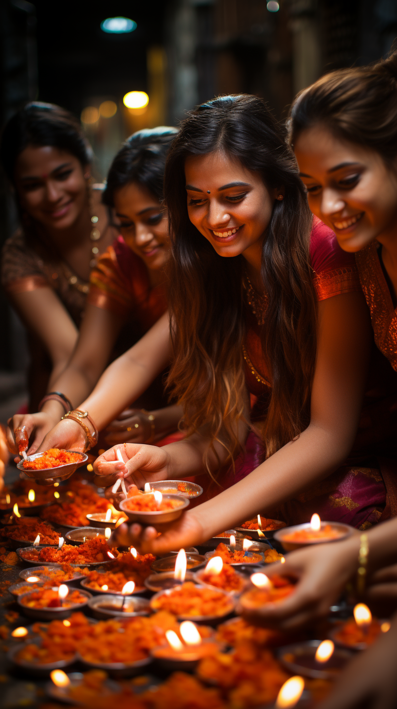 Women wearing beautiful saris during Diwali celebrations