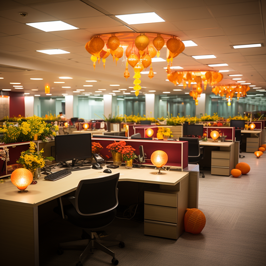 Modern workplace decorated for Diwali celebration