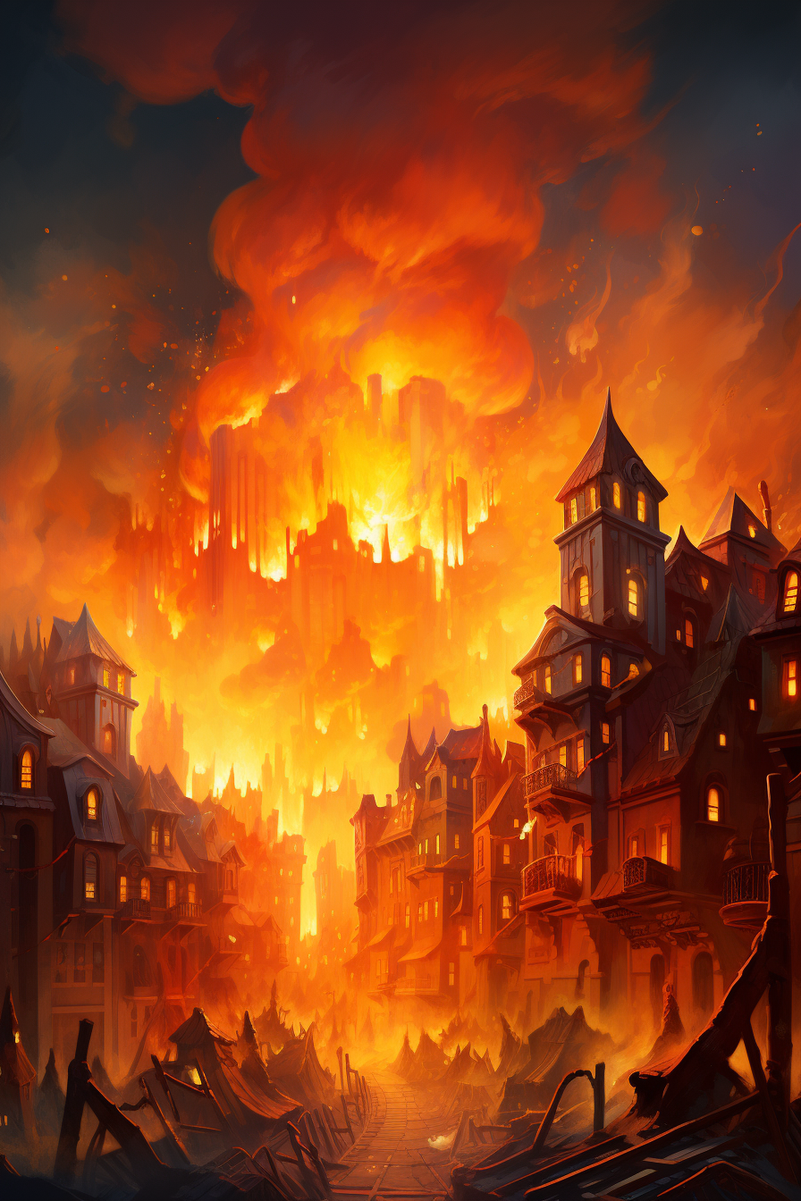 Burning buildings in Dixit Art Style