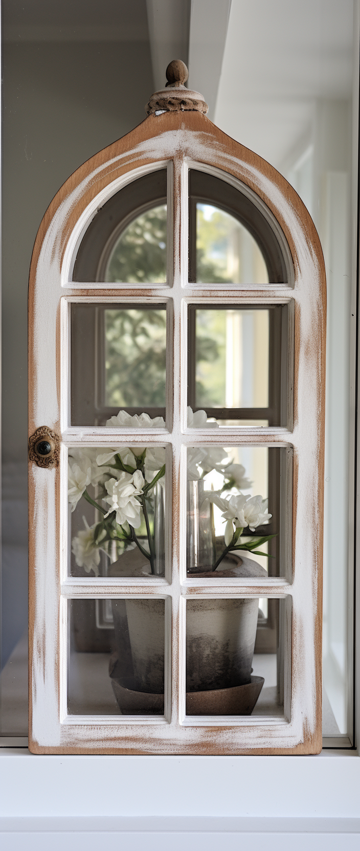 Close up of white painted lantern with glass window