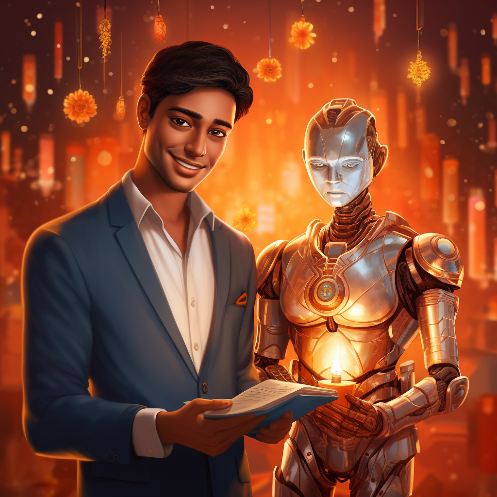 Joyful Diwali celebration with humanoid robot and engineering student  ?