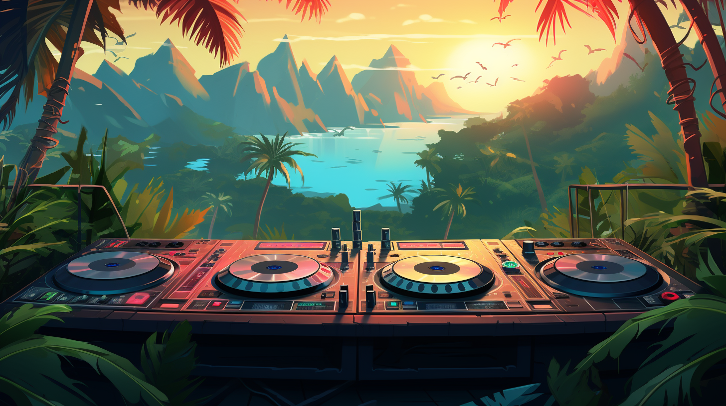 DJ decks on stunning tropical backdrop