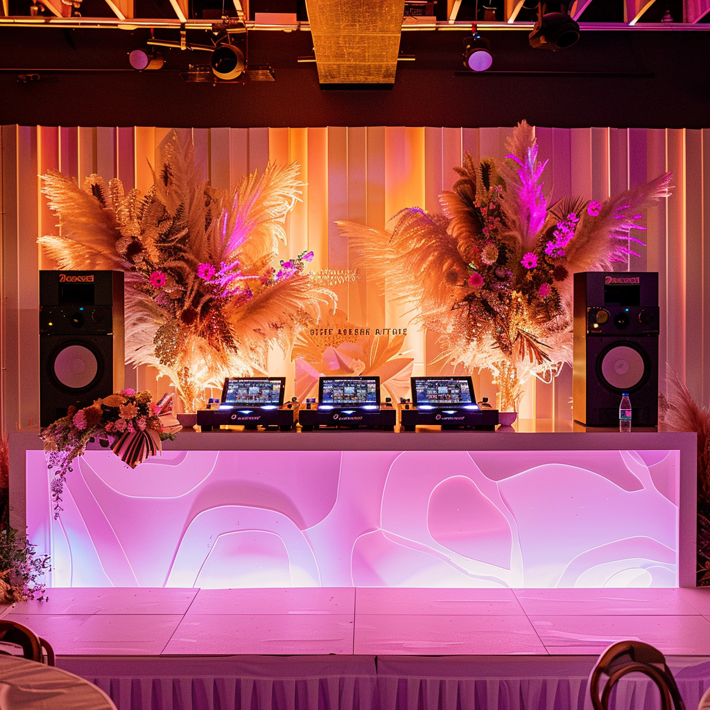 DJ stage with speakers and decorations