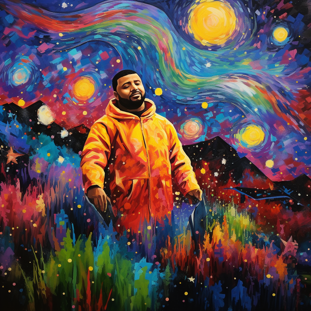 Portrait of DJ Khaled in vibrant cosmos