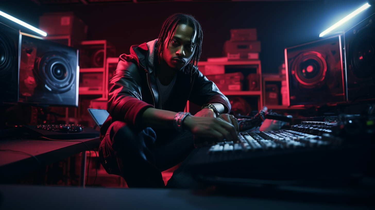 African American DJ Quik in Jonathan Mannion-inspired videogame room