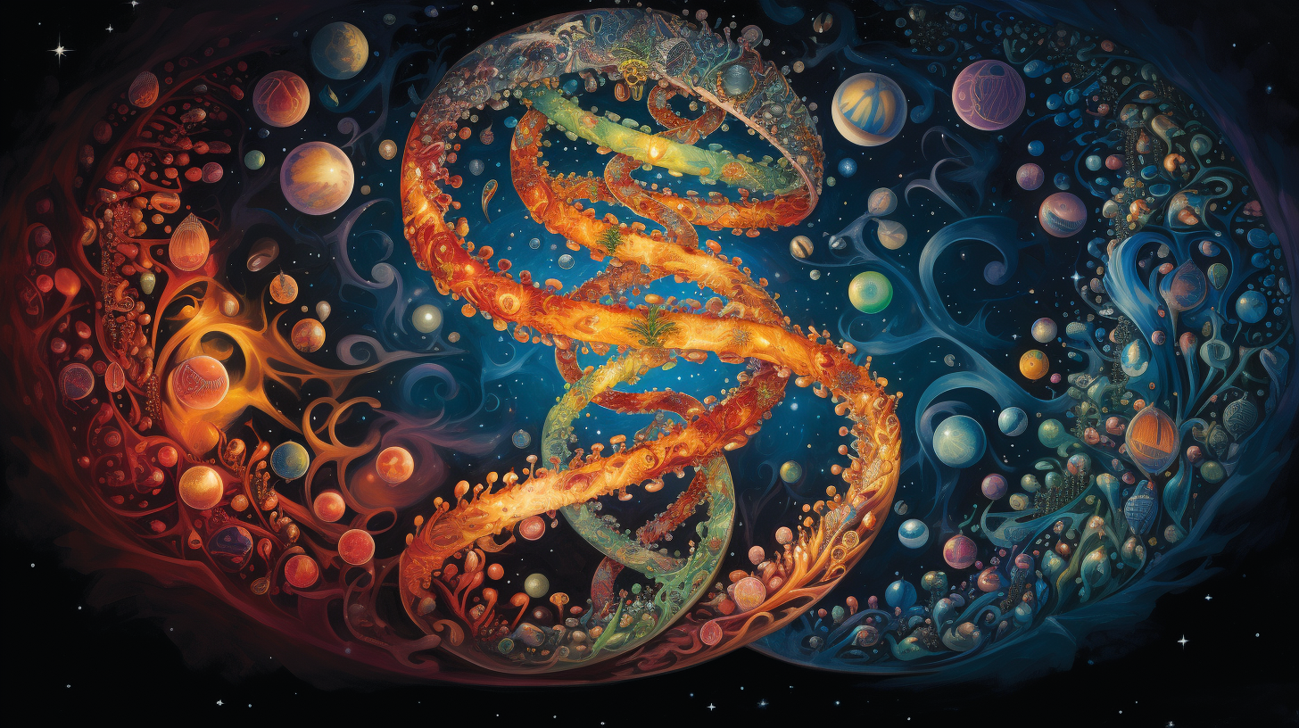 DNA double helix surrounded by cosmic elements