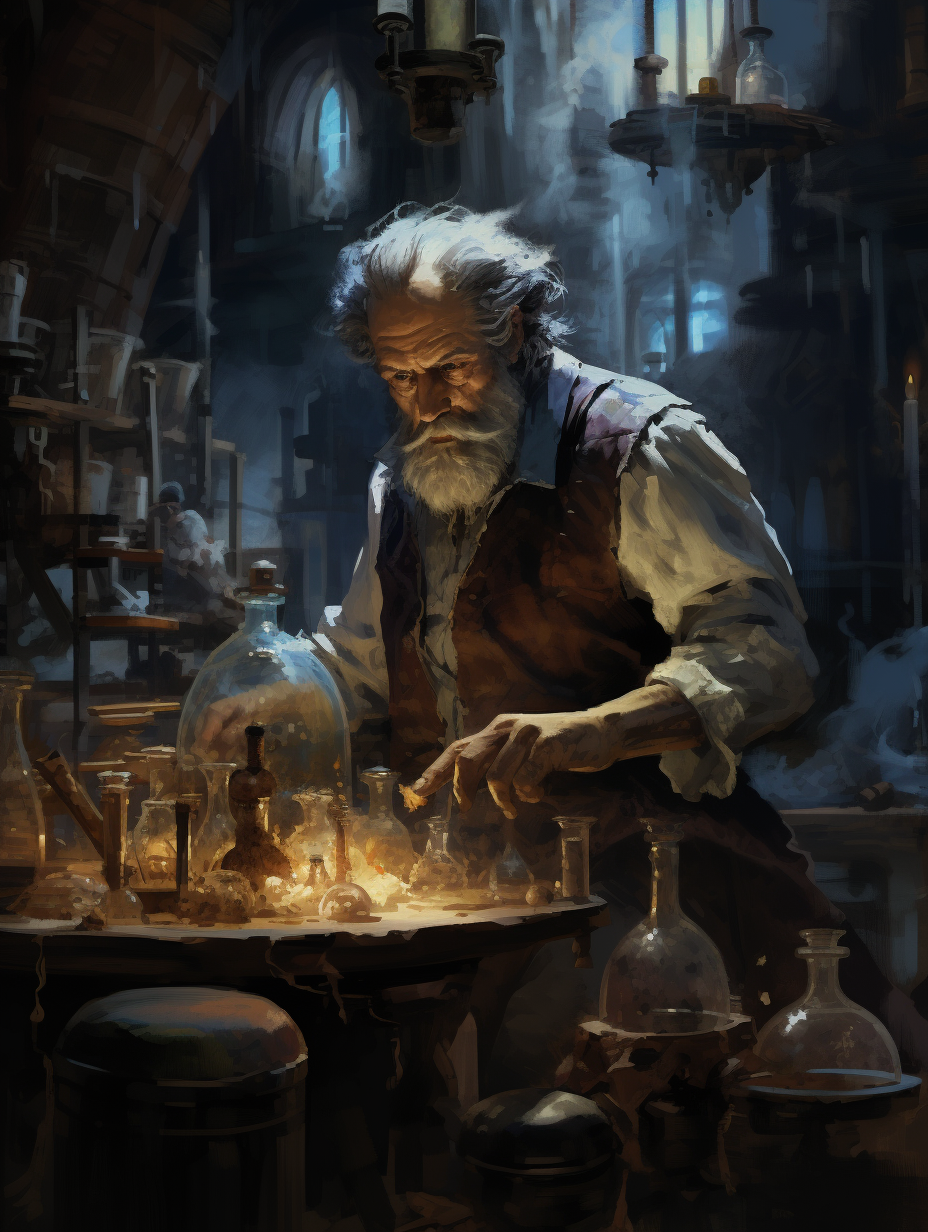 DND alchemist working in laboratory