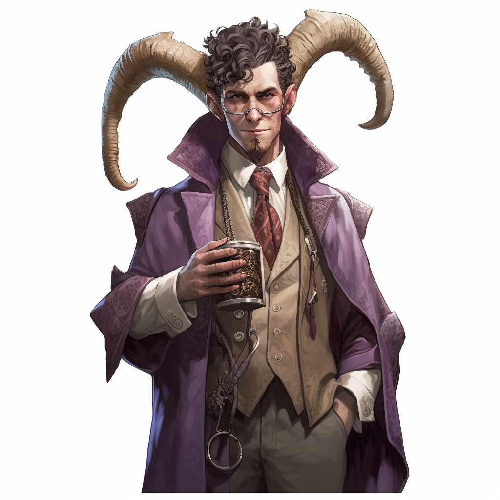 Dungeons and Dragons character with horns and purple eyes