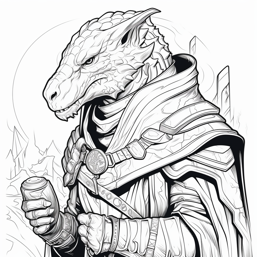 Dragonborn wizard in black and white