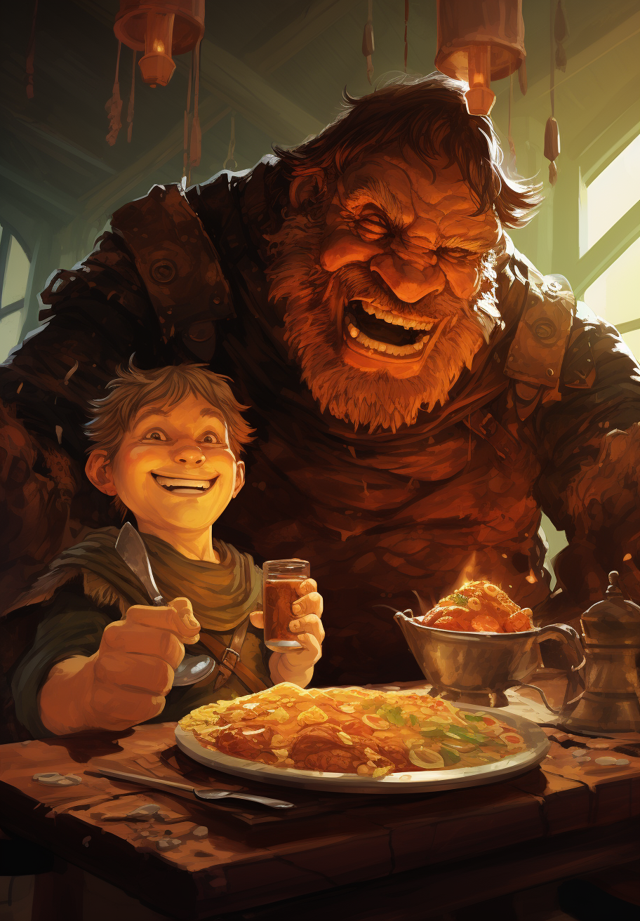 Cartoon-style DnD Storm Giant eating with small kid