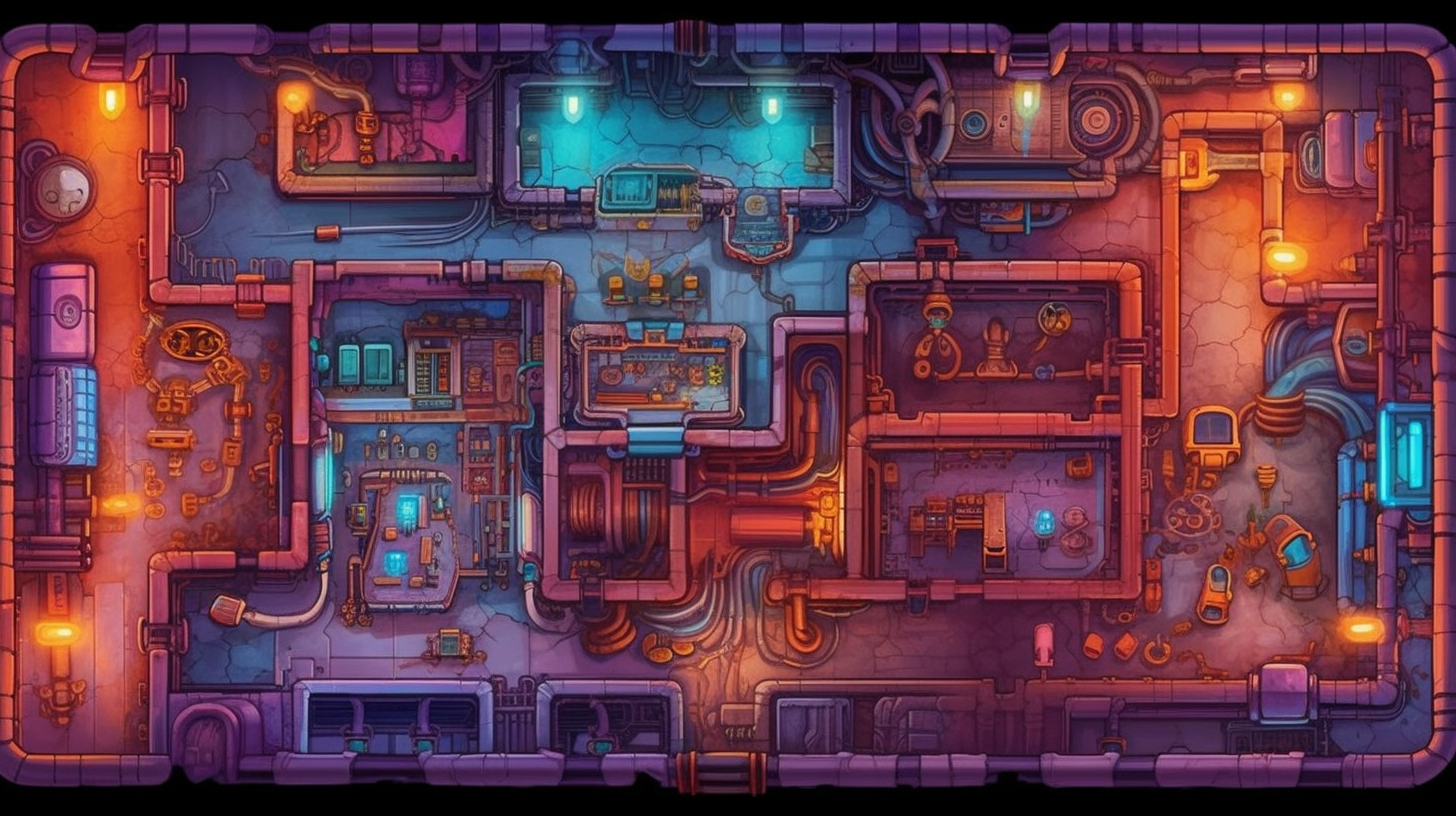 Virtual tabletop map of a sci-fi fantasy laboratory