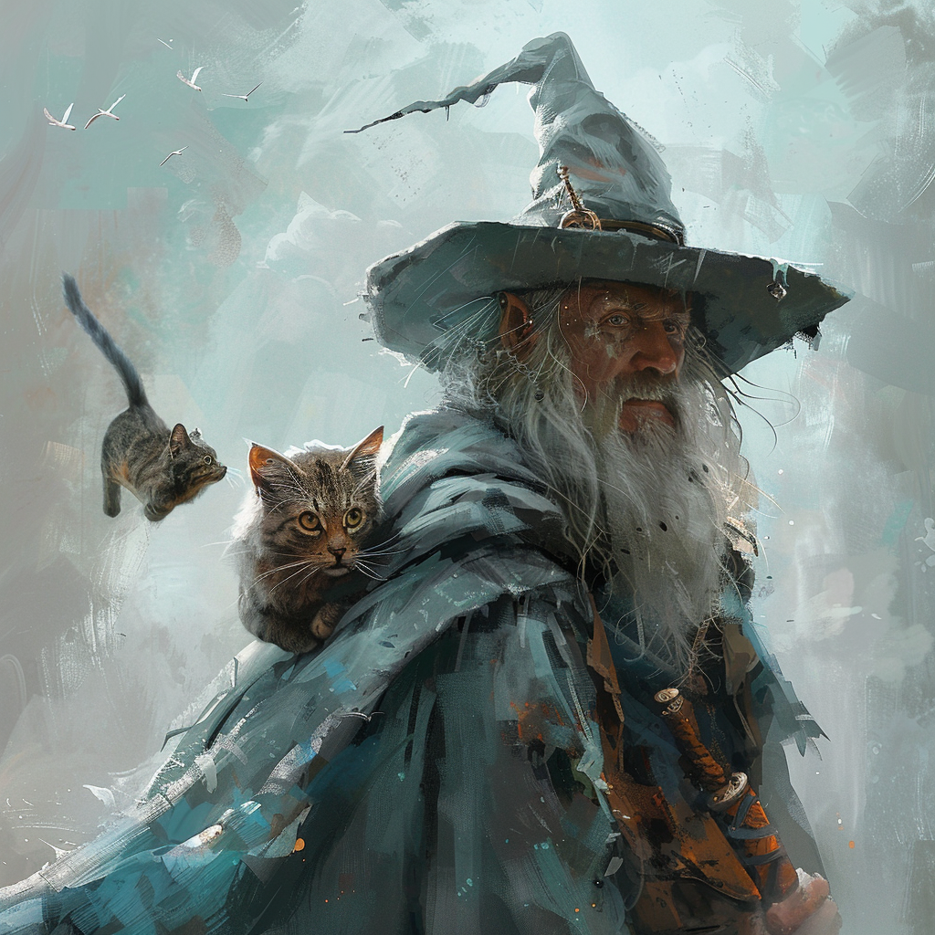 Wizard adventure with gray hat and cat