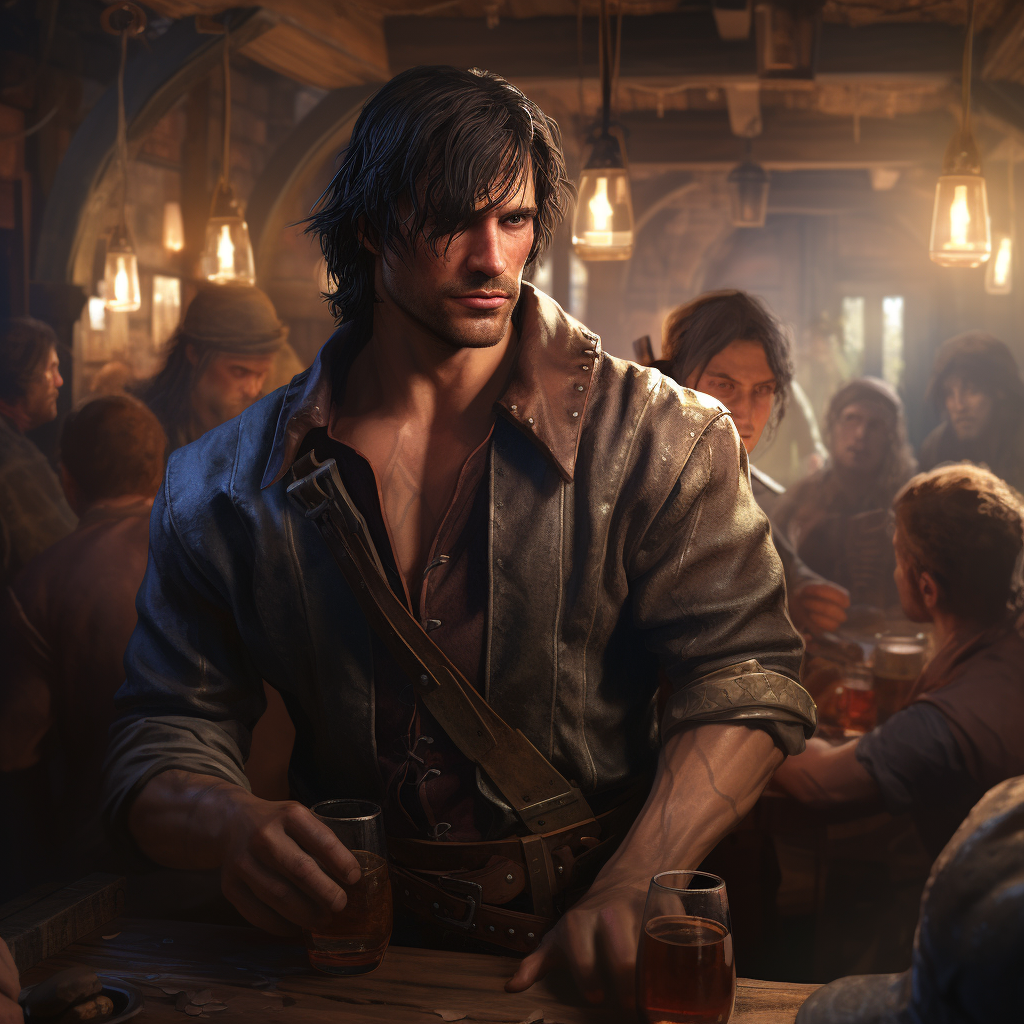 Muscular battle-worn fighter in tavern