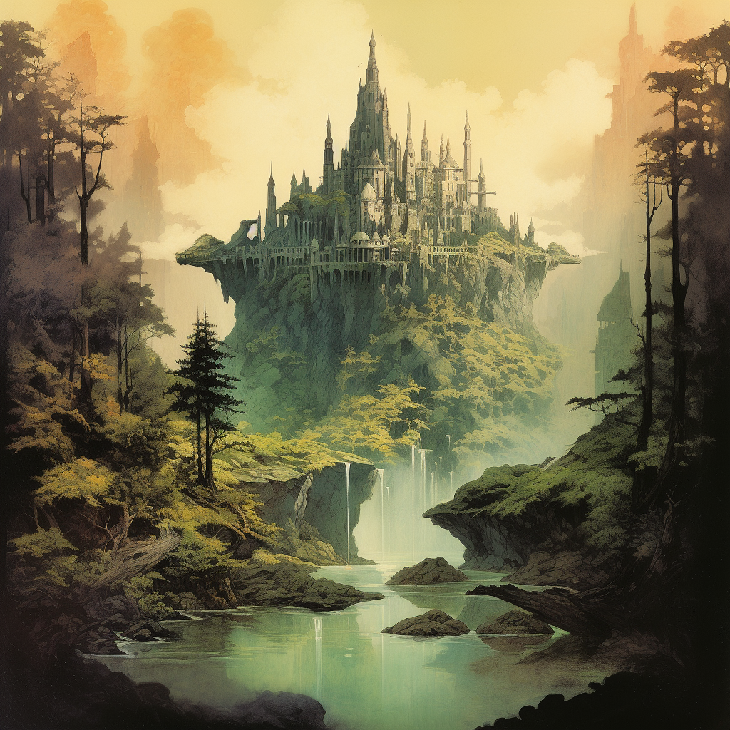 Dark fantasy book cover with floating island castle