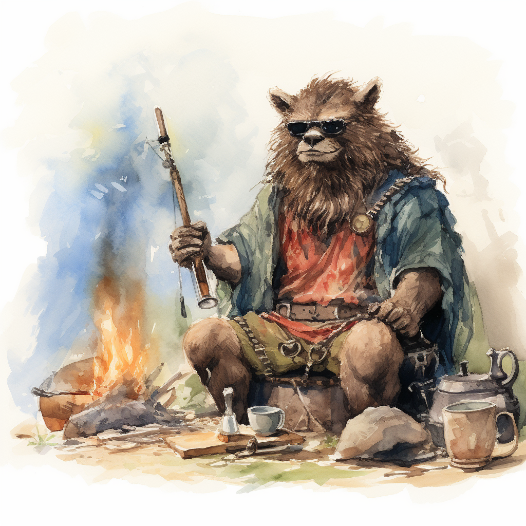 Watercolor illustration of DnD bugbear at campsite