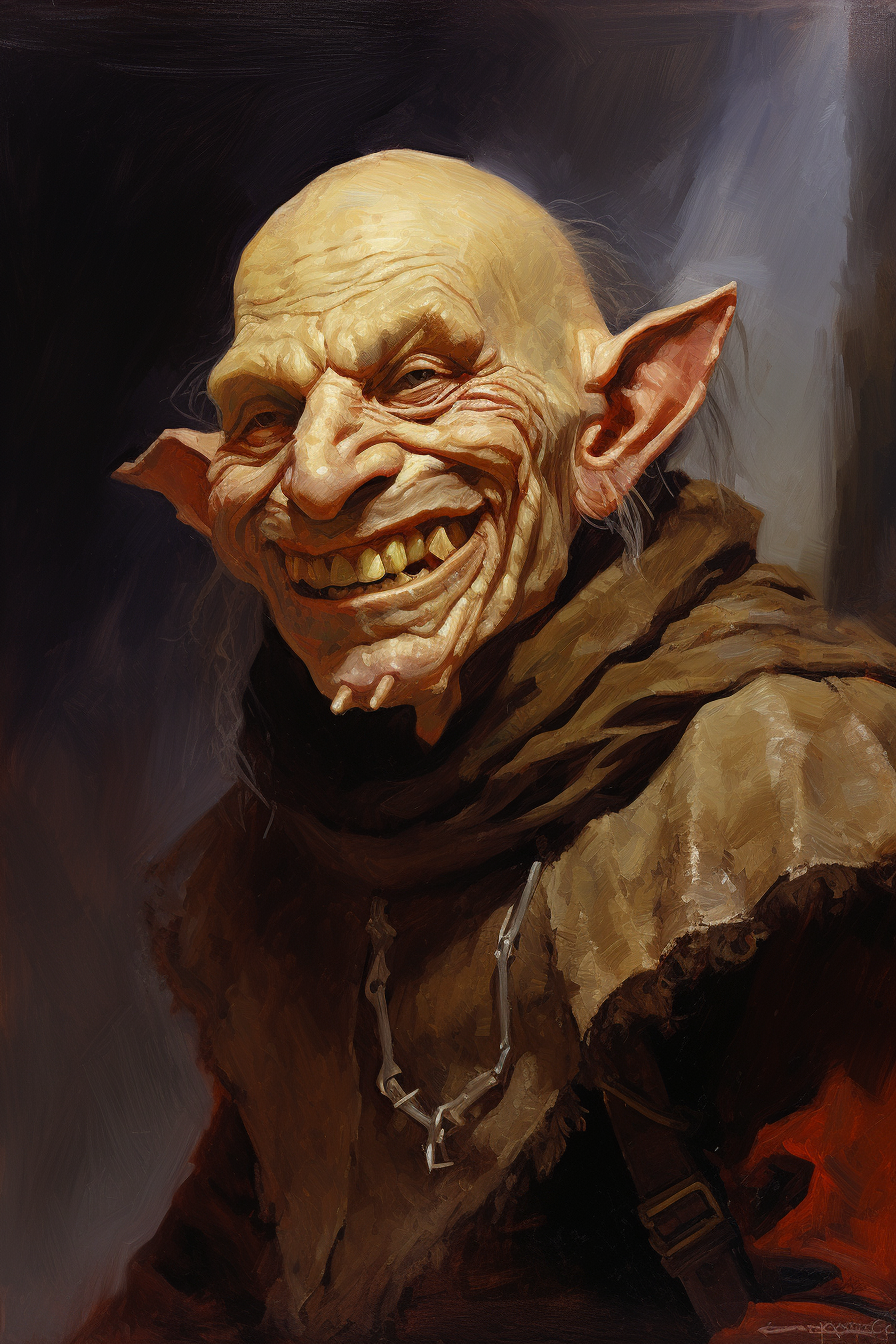 DND hobgoblin male profile oil painting with jolly expression