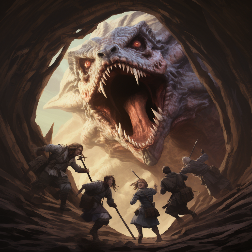 Adventurers facing horrifying sandworm monstrosity