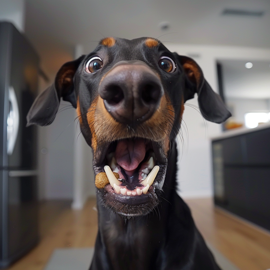 Doberman catching treat with funny face