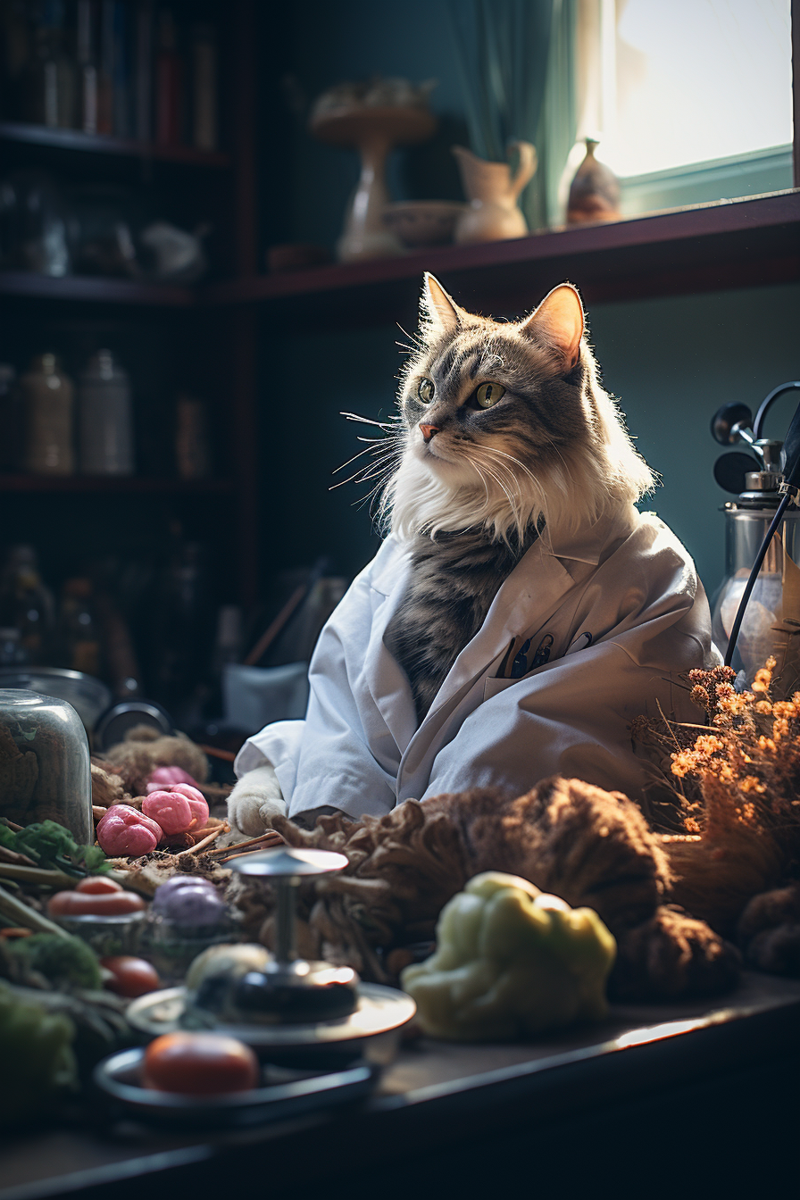 Doctor cat surrounded by sick cats in a room