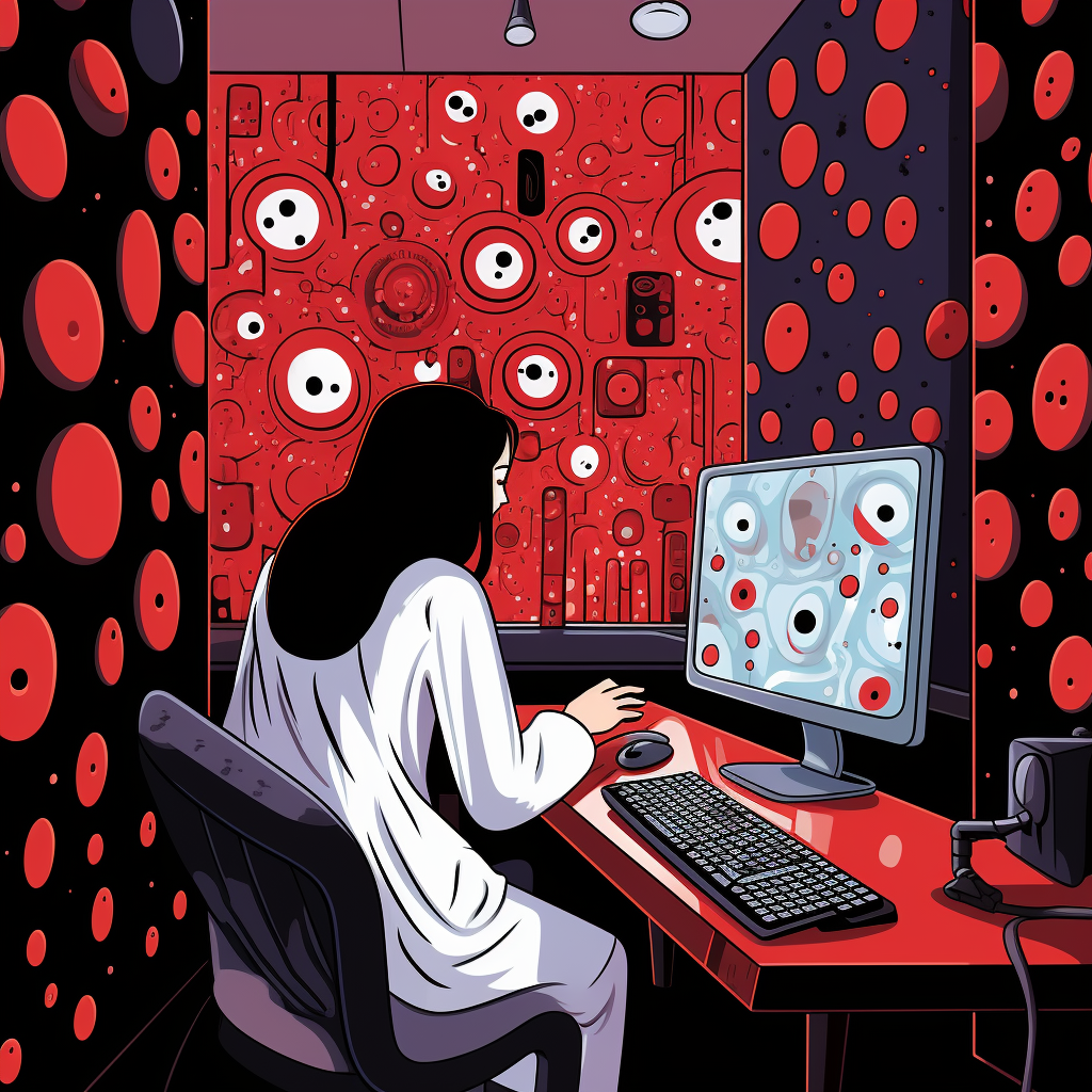 Doctor Using Computer in Hospital, Yayoi Kusama Cartoon