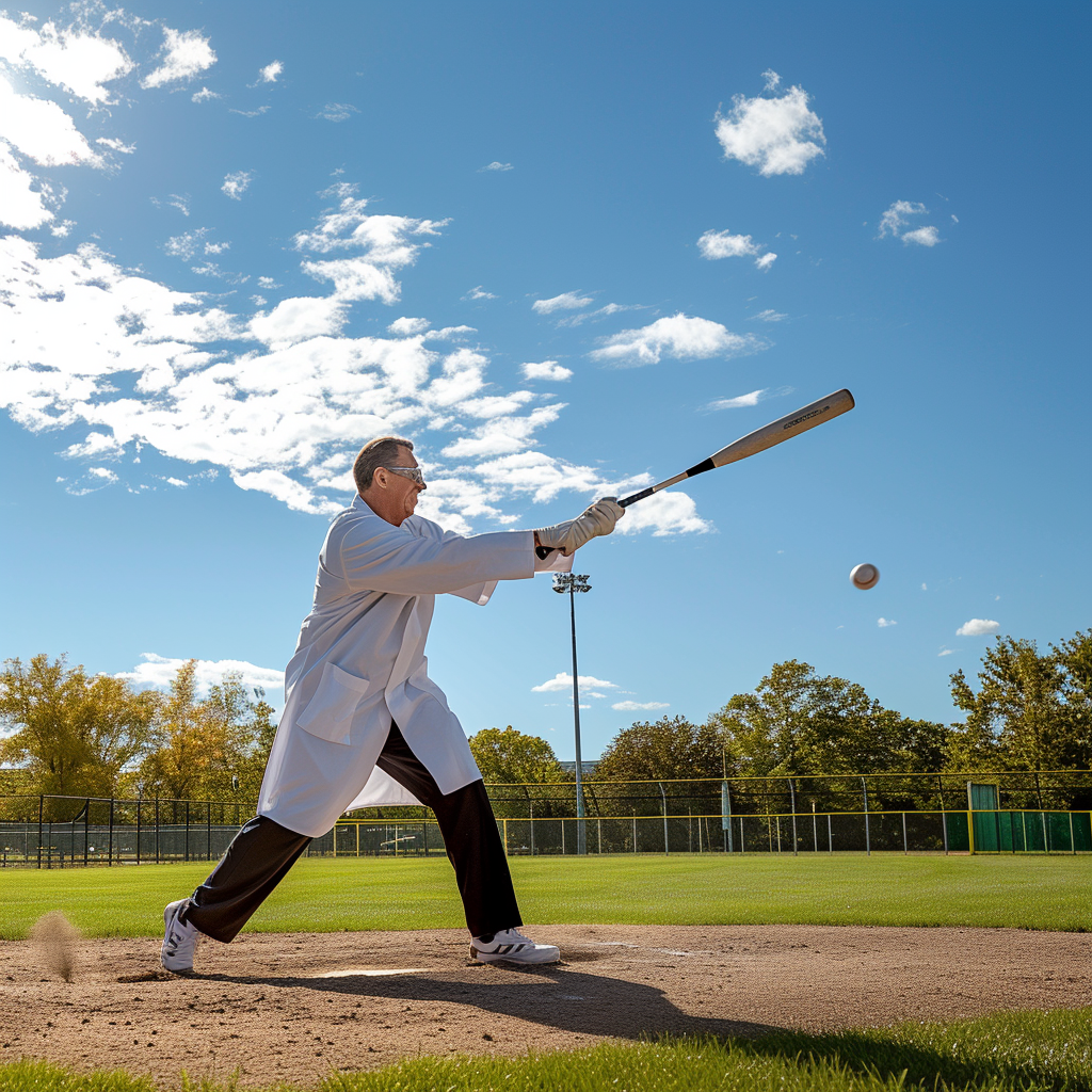 Doctor swinging baseball bat