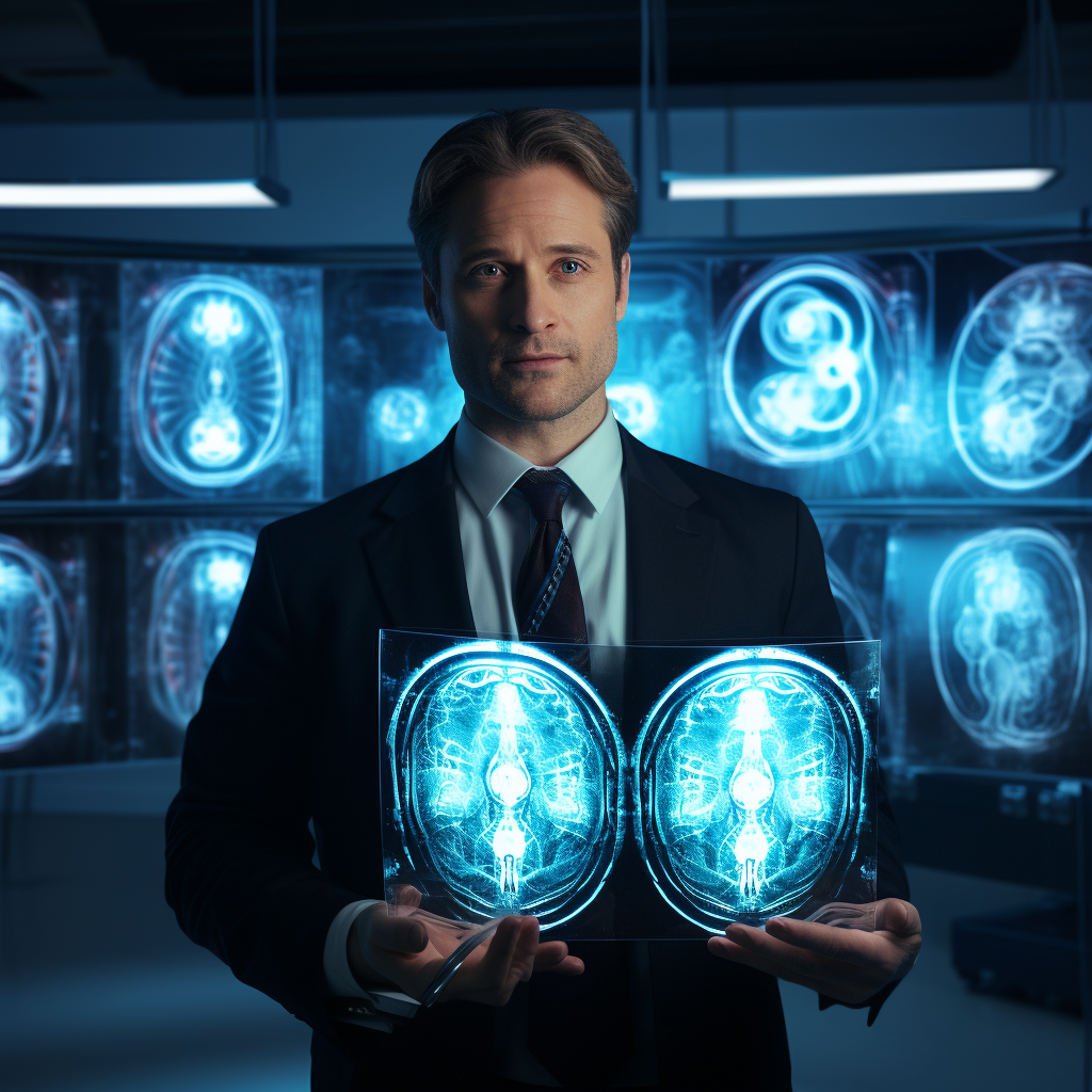 Doctor holding MRI scans with financial symbols