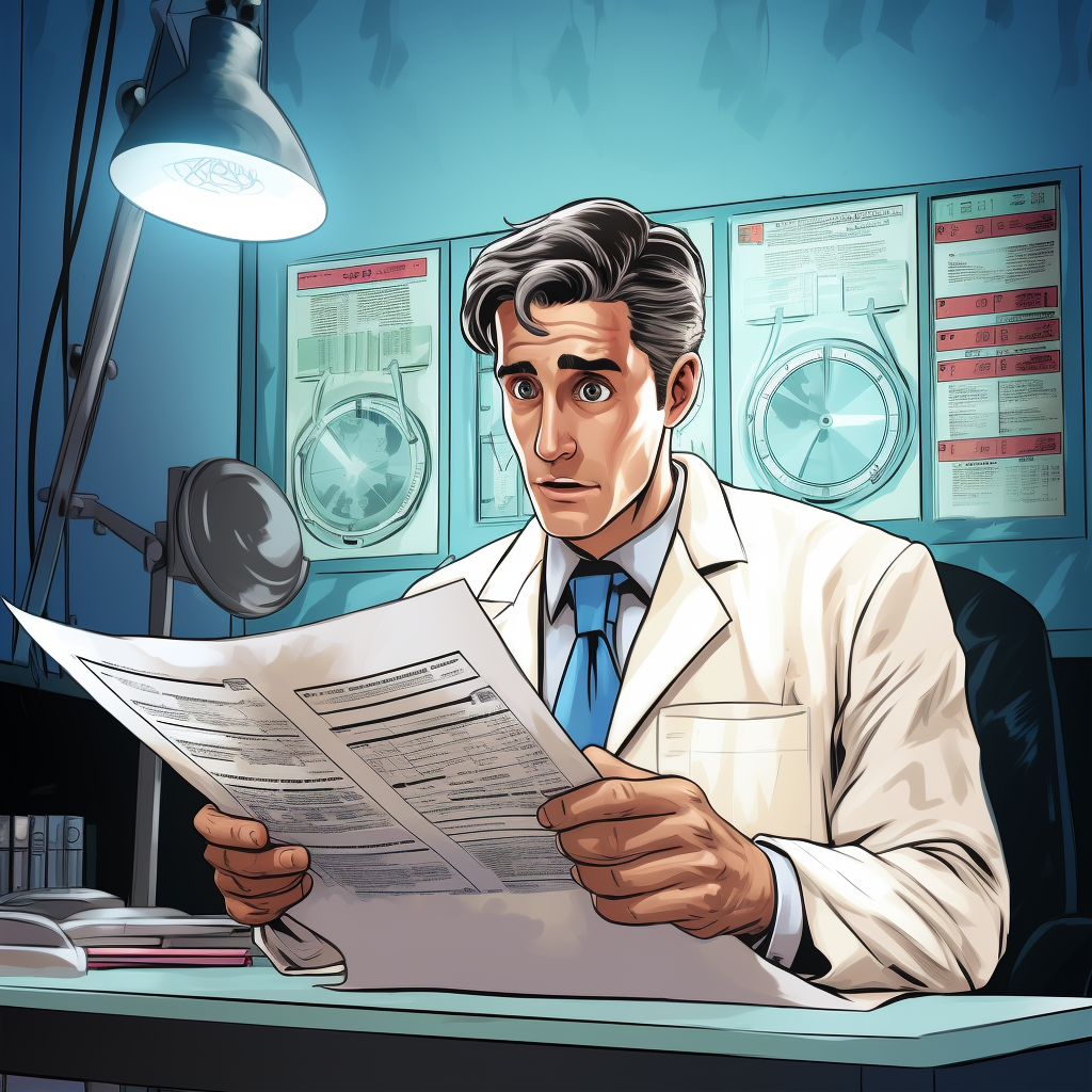 Doctor reading test results comic book style