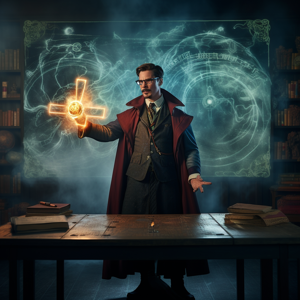 Doctor Strange wearing glasses and standing in front of a school board