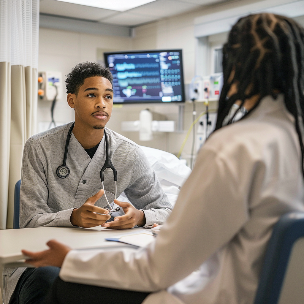 Teen talking to doctor hospital