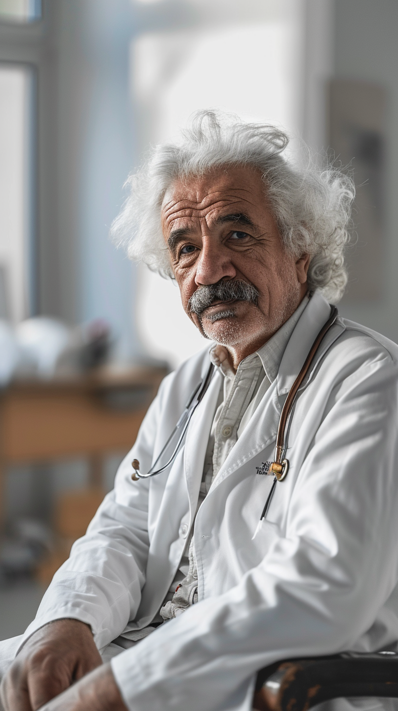 Friendly doctor Einstein in hospital sitting on a chair