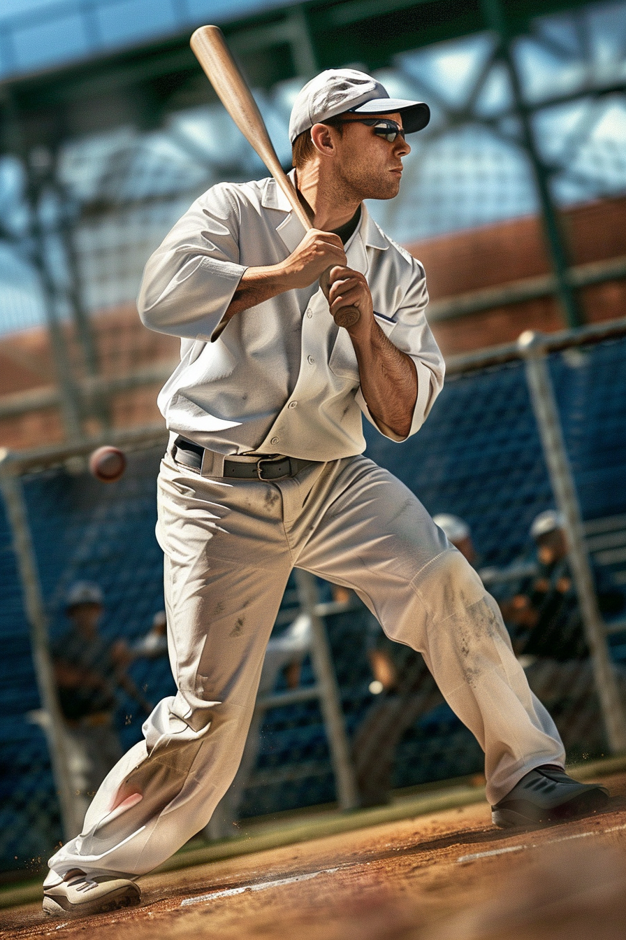 Doctor playing baseball in lab coat