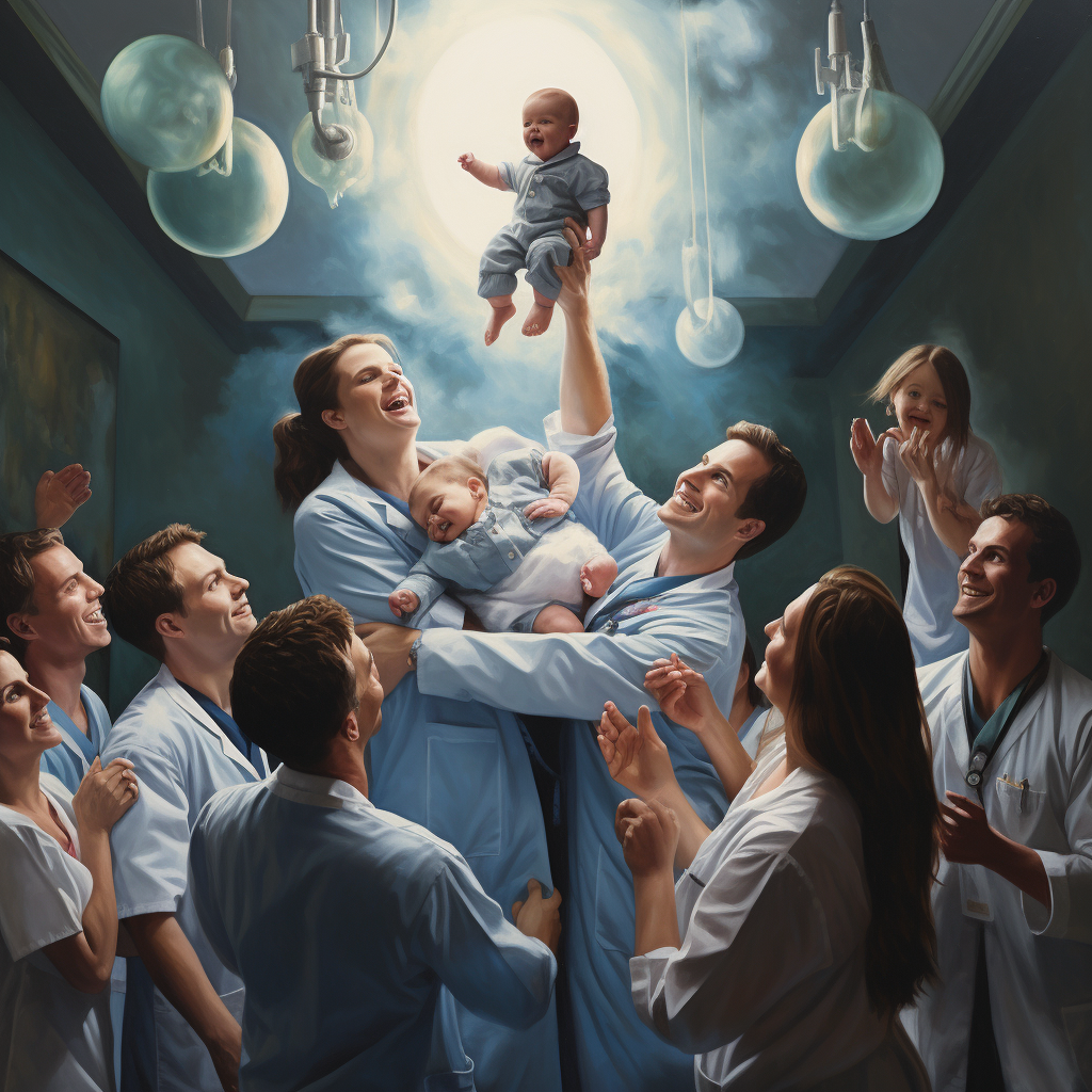 Doctors and nurses holding adorable baby