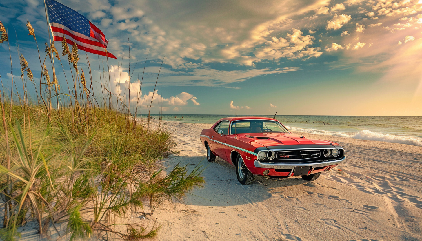 Dodge Challenger on beach with flag