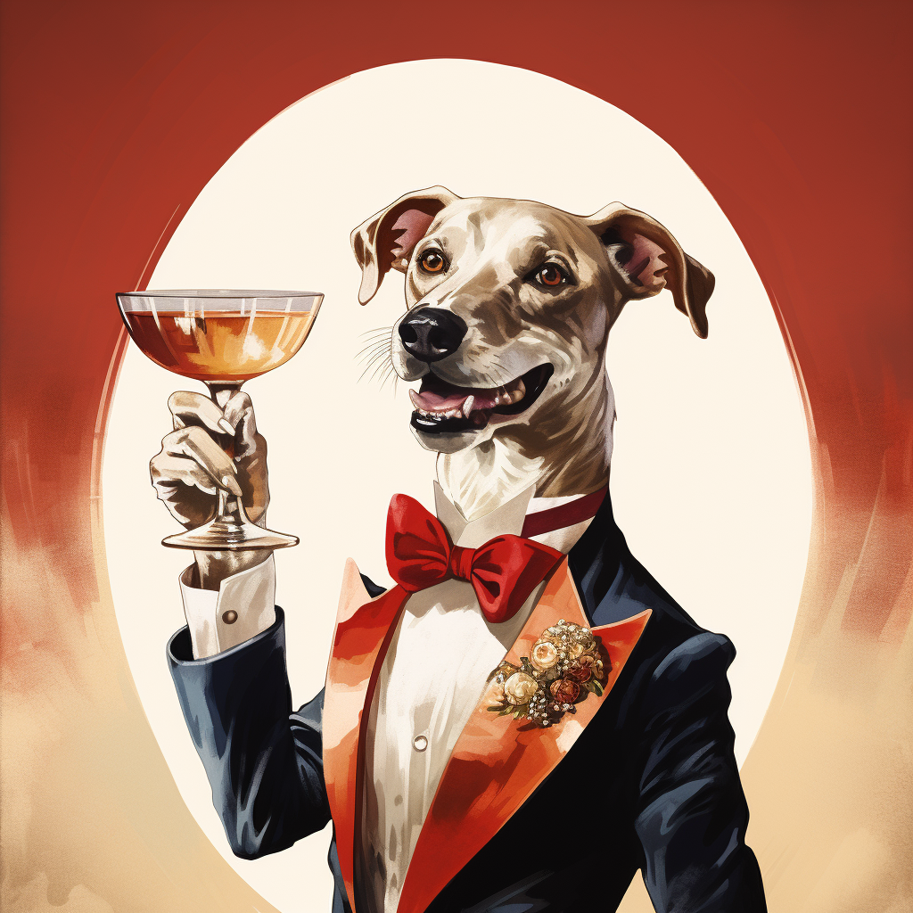 Dog balancing champagne cocktail illustration