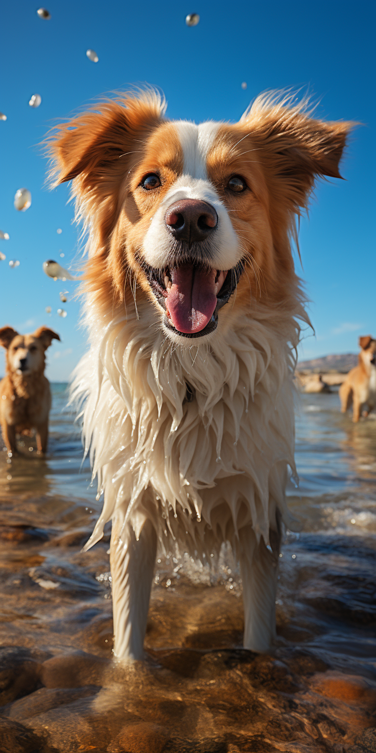 Happy dogs playing with seagulls