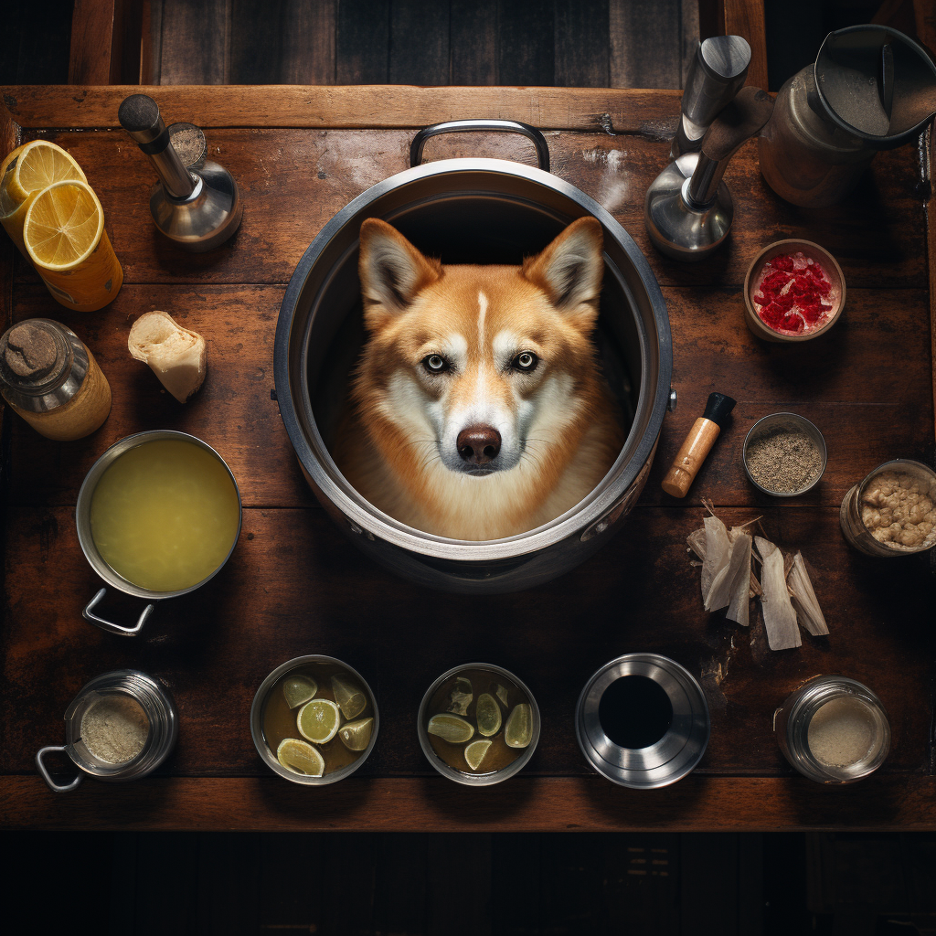 Dog preparing bone broth on metal pot