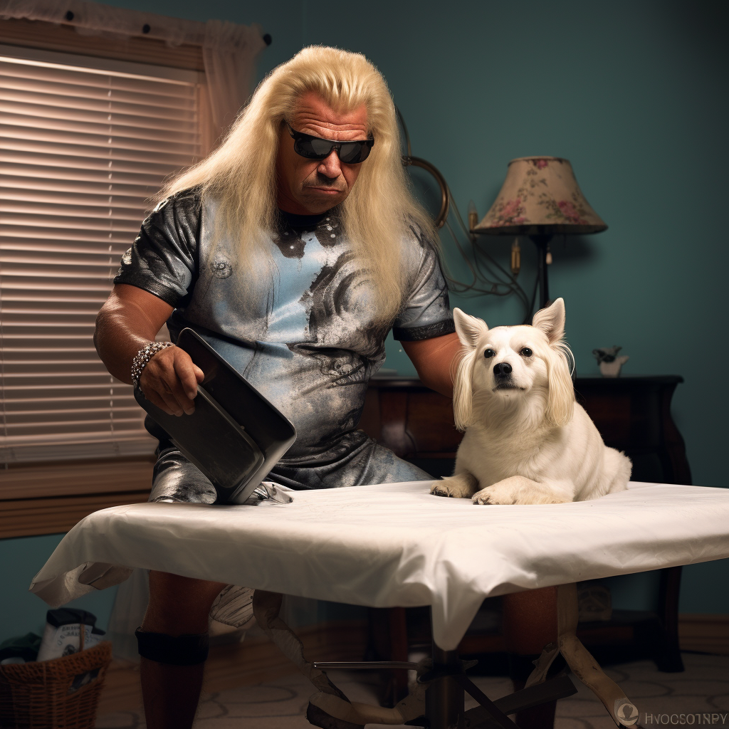 Dog the Bounty Hunter doing keegles on an ironing board