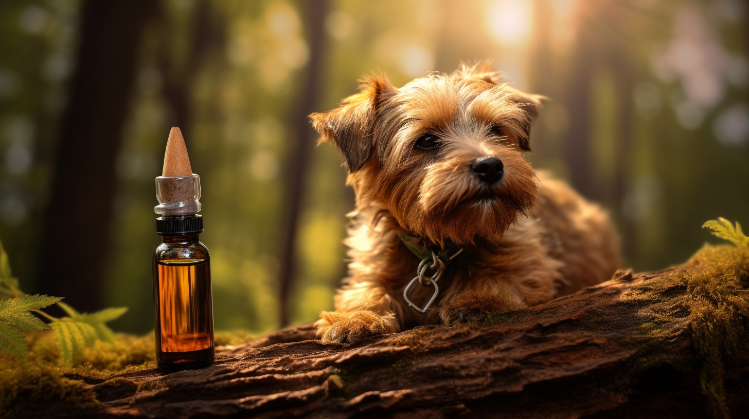 Dog with Brown Bottle in Forest