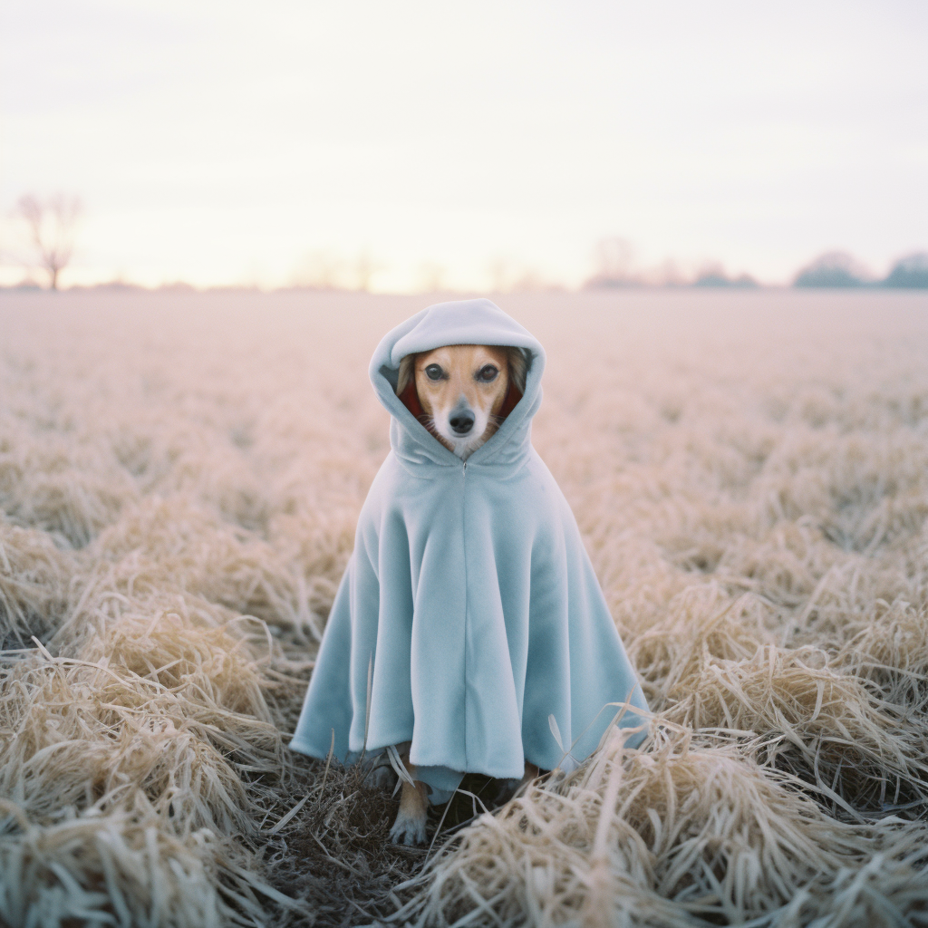 Adorable dog wearing a cape in a ghost-like pose