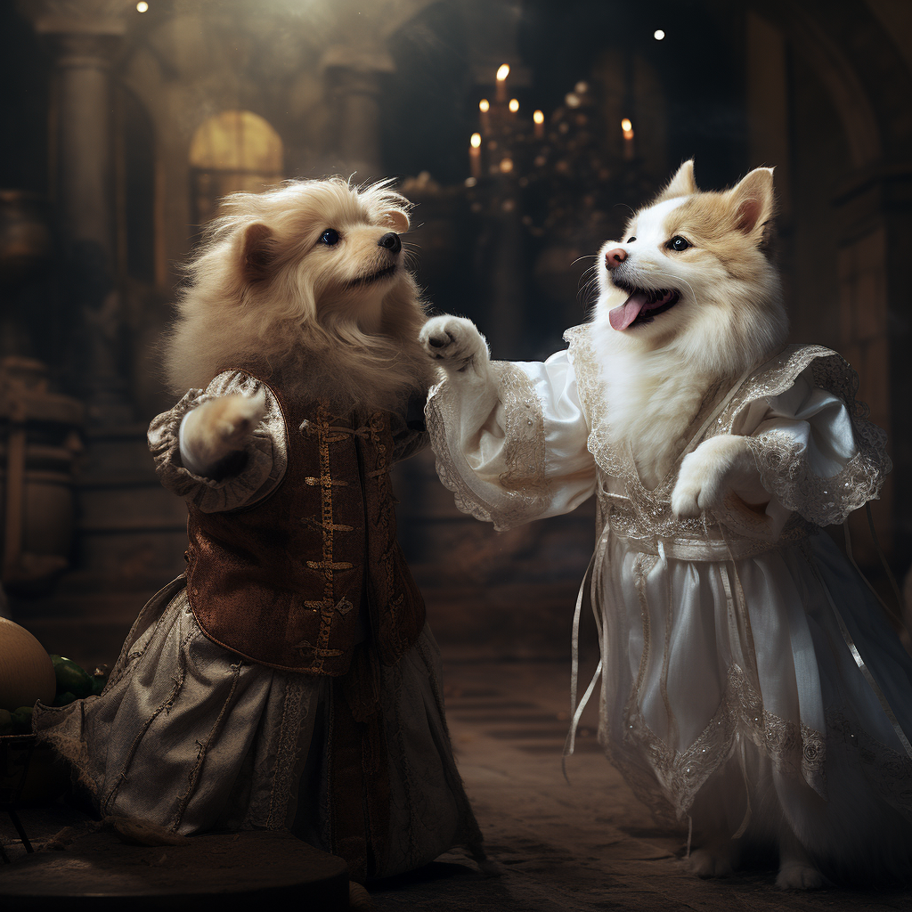 Dog and Cat Dancing in Renaissance Outfit