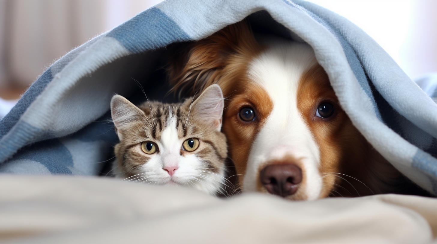 Cute dog and cat under blanket