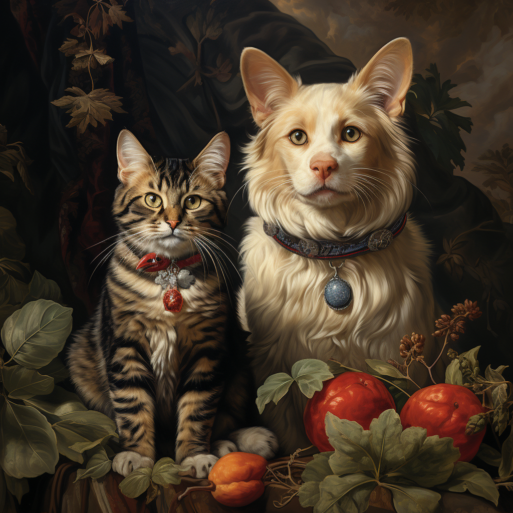 Renaissance-style portrait of a dog and cat