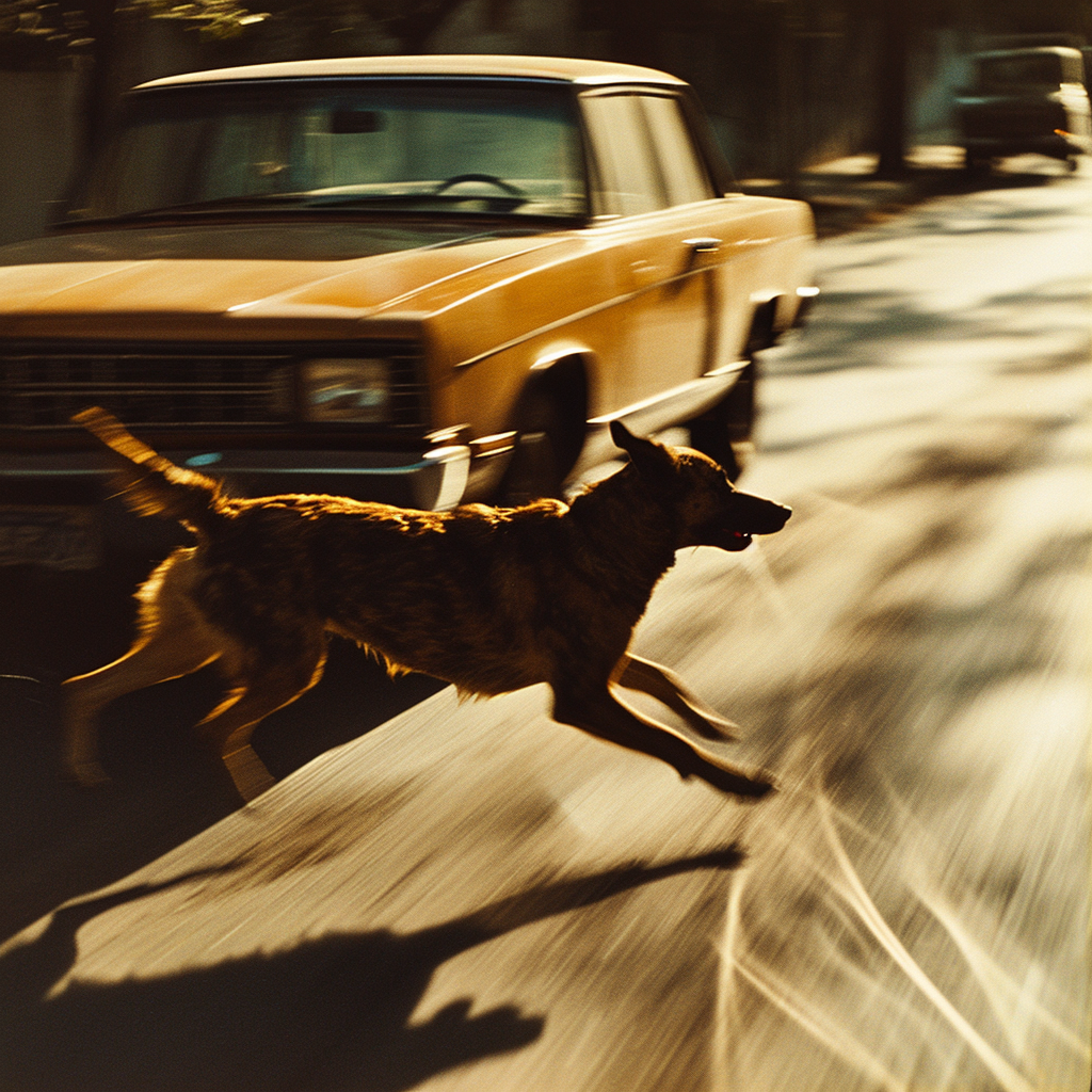 Dog chasing car in cinematic shot