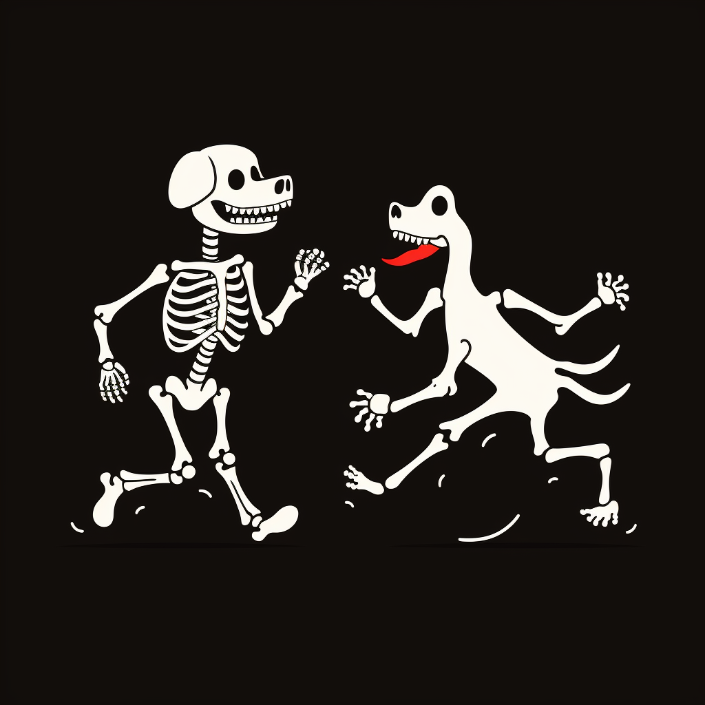 Dog chasing human skeleton illustration