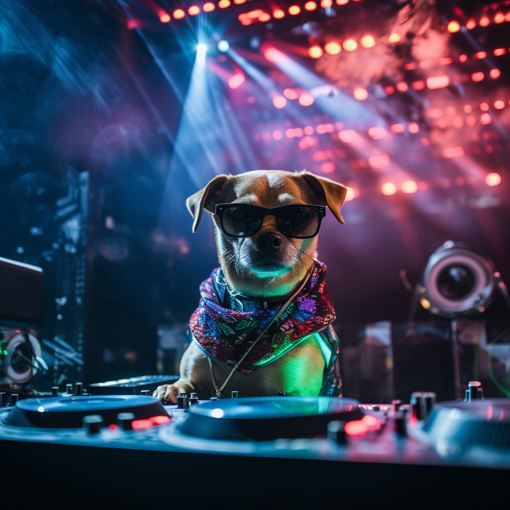 Dog DJ spinning at a laser-filled rave