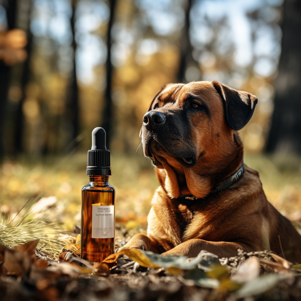 Dog with Brown Bottle in Forest