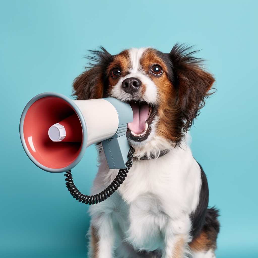 Dog holding a megaphone on light blue background