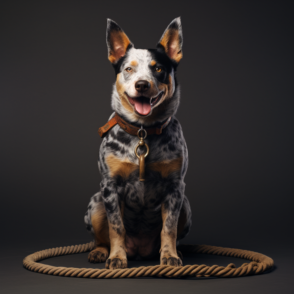 Australian cattle dog with rope leash