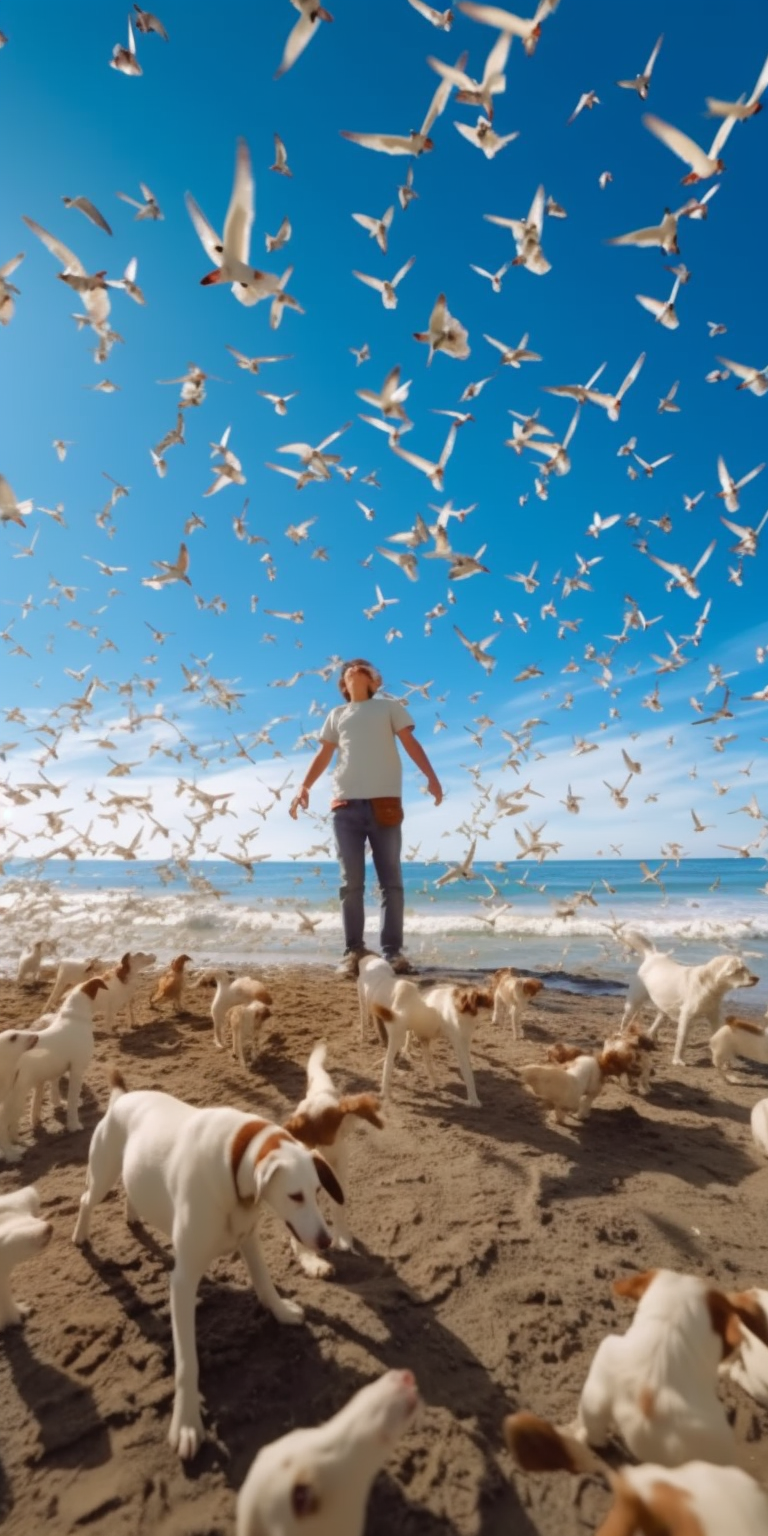 Little dog jumping to catch seagulls